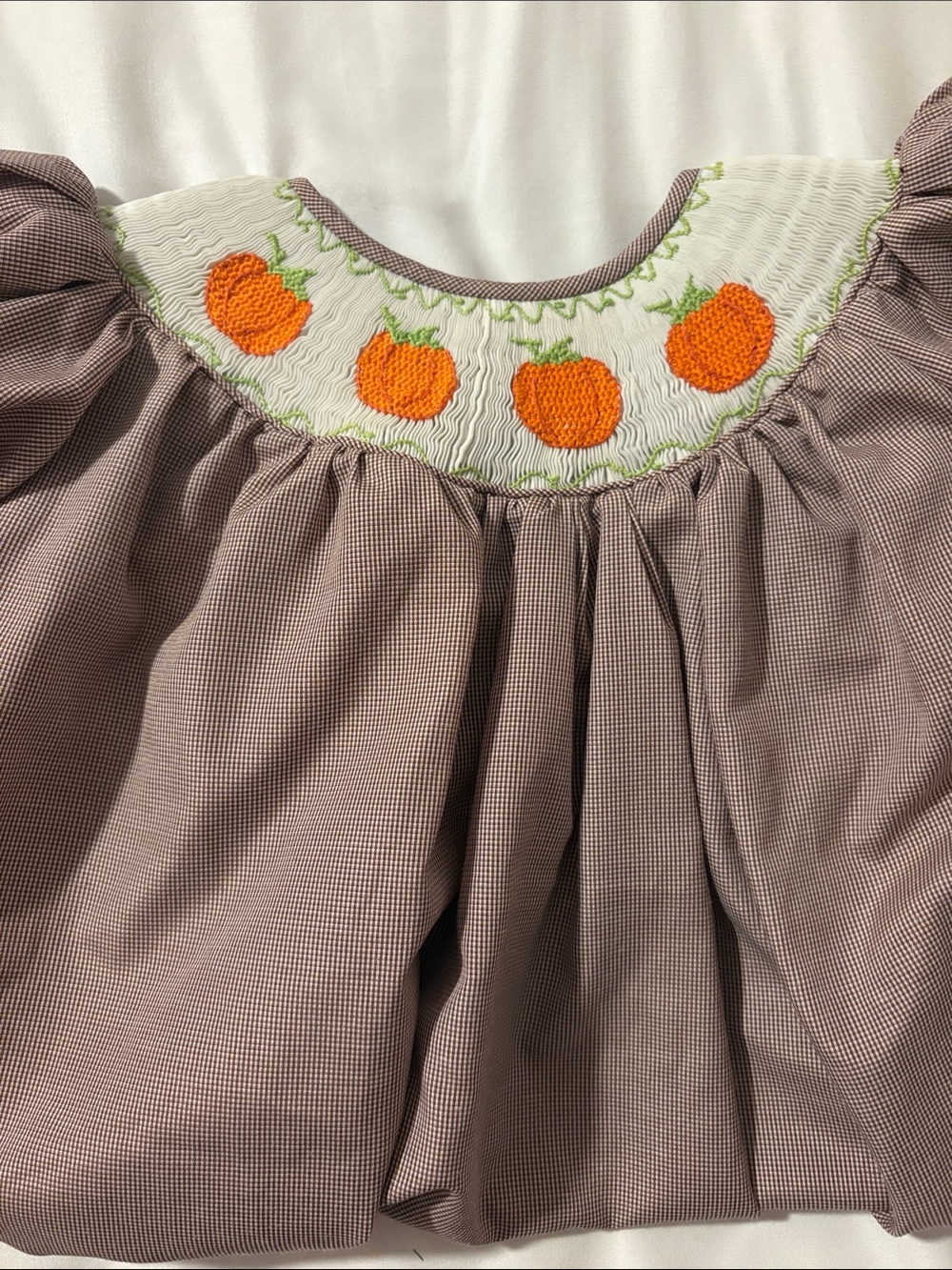 Smocked Pumpkin Yoke Dress in Taupe with Orange Embroidery